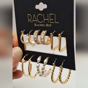 Rachel Roy Gold Hoop Earring Set Rhinestone Pearl Twisted 6 Pairs NWT